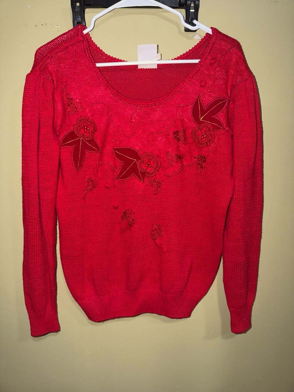 Vintage Beldoch Popper Red Ramie  Beaded & Appliqued Floral  Sweater
